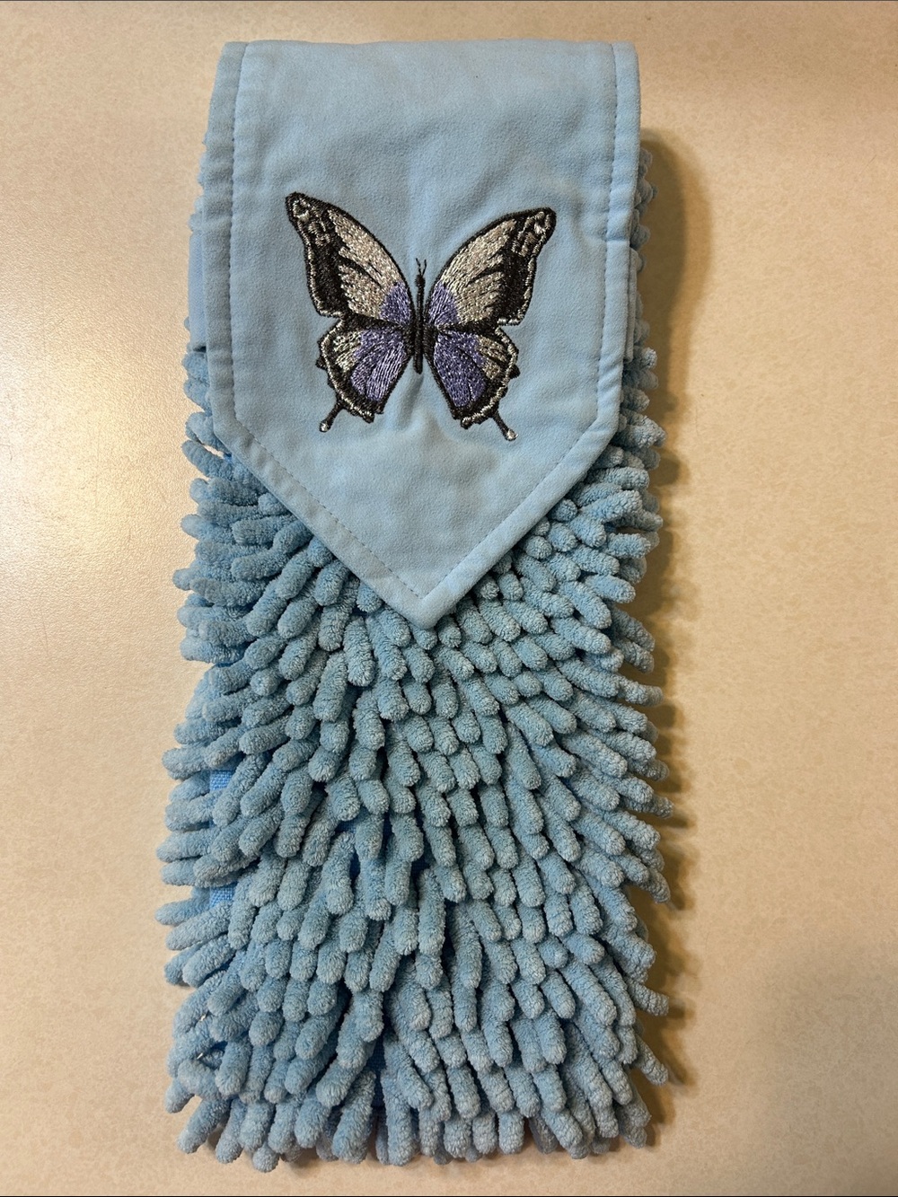 Norwex Bath Baclock Chenille Hand Towel Blue Butterfly embroidered